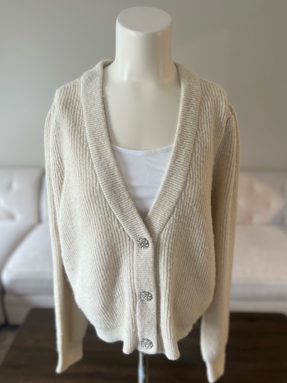 ON 34th Cream Gold Metallic Cardigan Sweater | Jeweled Crystal Buttons | V-Neck